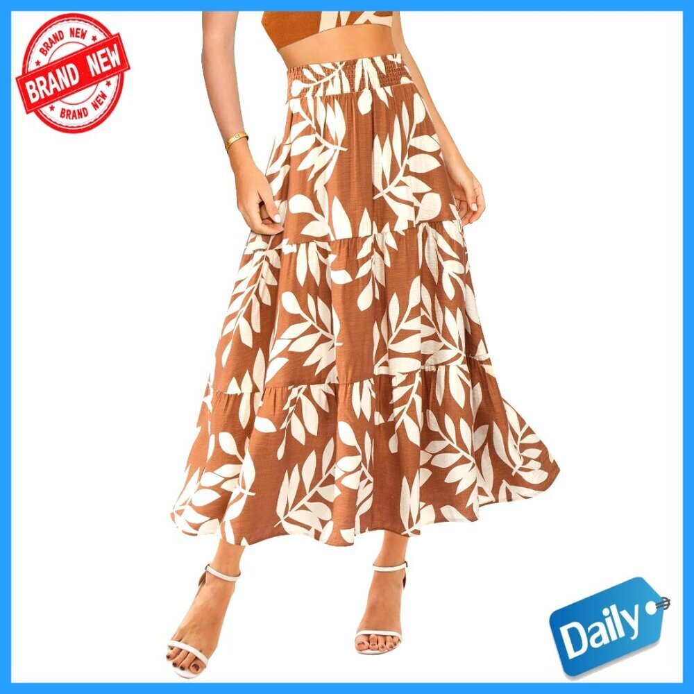 Floral Print A-Line Maxi Skirt with Pockets, Elastic High Waist, Midi Length